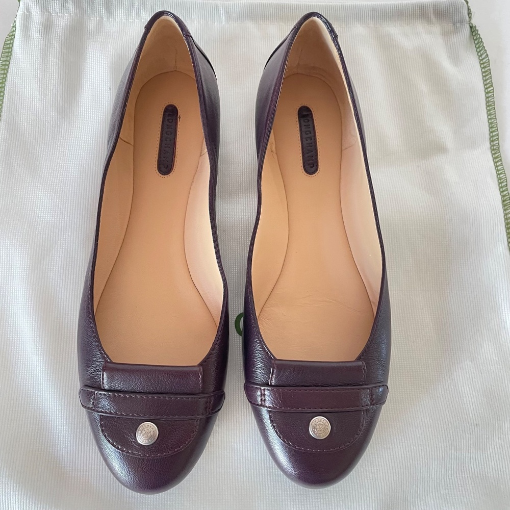 Longchamp Le Pliage Cuir Ballet Flat 40 Bilberry Purple Leather with dust bag